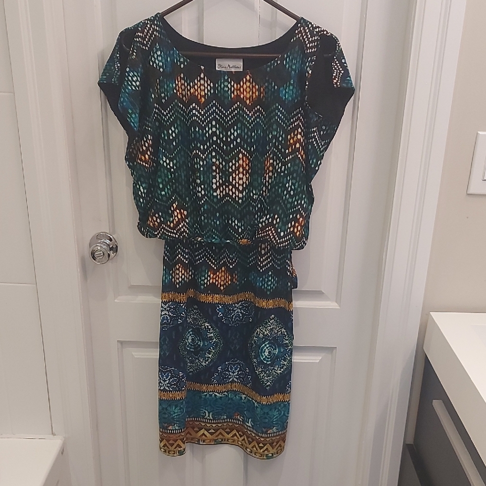 Olivia Matthews Geometric Blue and Orange Midi Dress